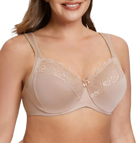 MELENECA Donna Reggiseno Pizzo Minimizer Taglie Forti Cinghie Imbottite Coppa Piena con Ferretto Beige 4D