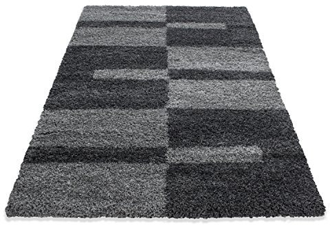 Ayyildiz Stilvoller Designer Hochflor Teppich mit Karo- und Linienmuster, Flauschiger Langflor, Pflegeleicht, Shaggy Flokati, Ideal fürs Wohnzimmer, Größe:80 x 150 cm, Farbe:Grau