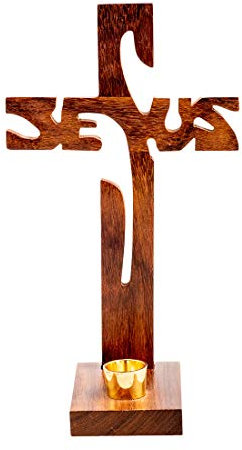 NKlaus Standkreuz Jesus Höhe 24cm Stehkreuz aus Holz lackiert für Stabkerze Ø 2,0-2,3cm