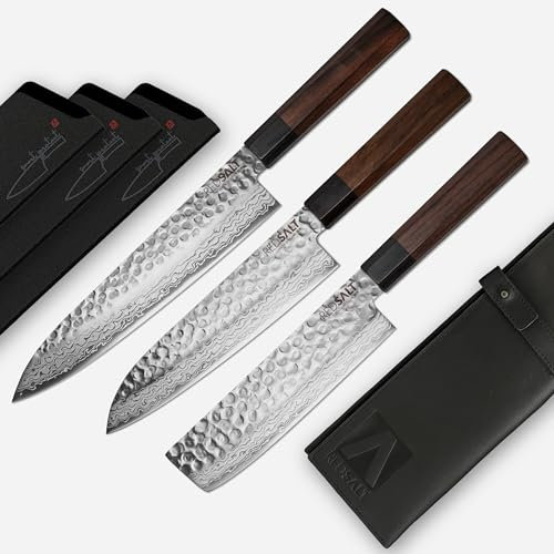 REDSALT® Professional Series 3er Messerset Gyuto Santoku Nakiri handgefertigt in Japan | Profi Kochmesser mit Messerscheide & Ledertasche | Damast Hammerschlag Klinge | Damastmesser Küchenmesser