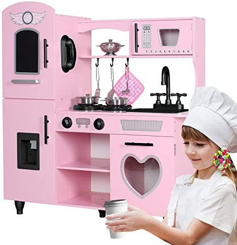 TaoHFE Play Kitchen, Pink Kids Kitchen Set for Girls Kitchen Set for Kids Ages 6-8 Gift Toddler Kitchen Set for Kid Age 3+ Kitchen Playset with Lights & Sounds Wooden Toy Kitchen Playset Gift