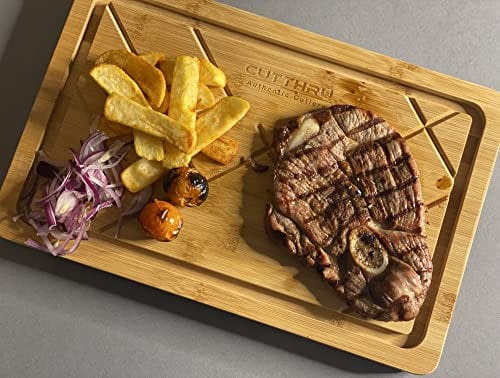 CUTTHRU Bamboo Wood Steak Board-100% Natural Bamboo Wood, Multipurpose Use as a Steak Board, Serving a Barbecue Platter, a Natural Bamboo Cutting Board-Water Resistant and Durable.