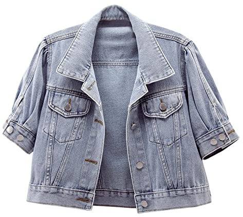 LifeShe Women's short sleeve cropped denim jacket puff sleeve jean jackets coat, Light Blue, XL