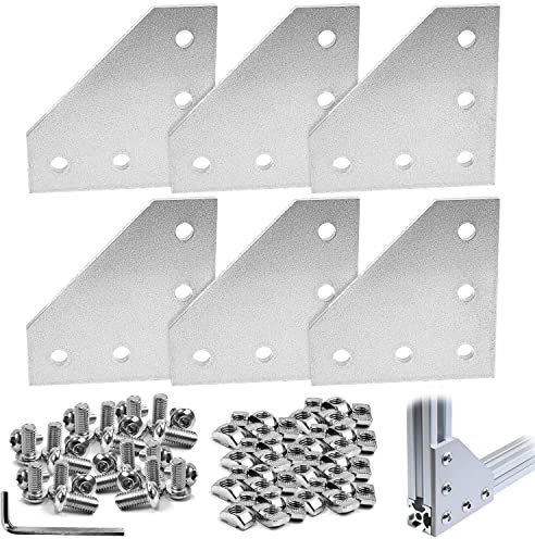 6 Pezzi Angolari a Forma di L Profilo Alluminio, 5 Foro Forma L Esterno Piastra Giunzione Profili in Alluminio, con 30 Dadi M6, 30 Viti M6, 1 M4 Chiave Inglese, per 3030 Profilo Alluminio