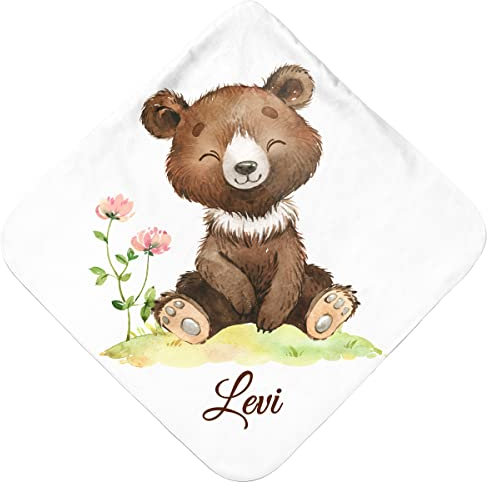 Pictogogo Baby Badetuch | Babyhandtuch mit Kapuze | Personalisiertes Baby Kapuzenhandtuch mit Namen & süßem Tiermotiv | Extra weiches und saugfähiges Babybadetuch | Bärenjunge