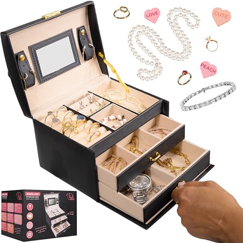 Peach Beauty® Schmuckkästchen mit 3 Etagen | Schmuckkasten mit Glasdeckel und 2 Schubladen | Schmuckaufbewahrung mit großem Fassungsvermögen | Schmuck, Ringe und Halsketten Organizer | Geschenkidee