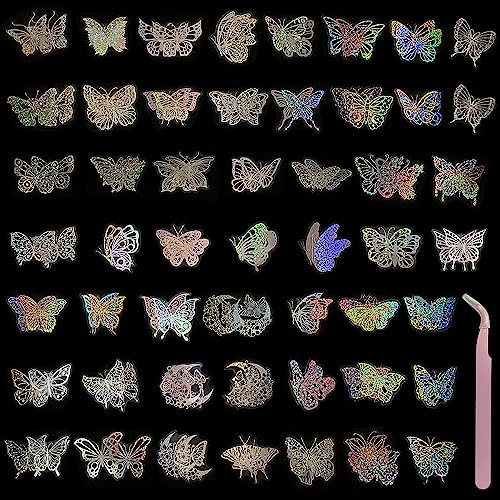 100 stycken glittrande fjärilsklistermärken med 1 rosa armbågspincett, holografiska vattentäta klistermärken, transparenta dekorativa klistermärken av PET-harts för kuvert, klippböcker, dagböcker