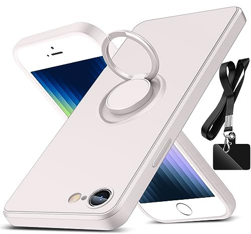 AYSZNBLA for iPhone SE 2022/2020 Case,iPhone 8/7 Case,with 360°Rotatable Ring Holder Kickstand & Strap Lanyard Liquid Silicone Slim Protective Case for iPhone SE3/SE2/8/7,White 2.94