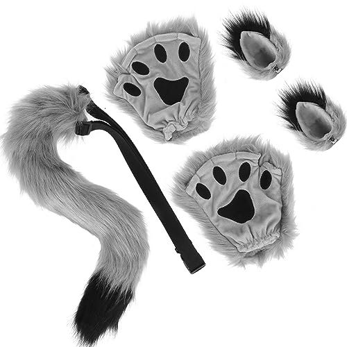 Kinsinder 5pcs Fuchsohren und Chwanz Set, Cosplay Kostüm Set Fox Wolf Cosplay Fuchs Kostüm Schwanz Clip Ohren und Plüsch Klaue Handschuhe Cosplay Fancy Dress Zubehör für Kinder Erwachsene