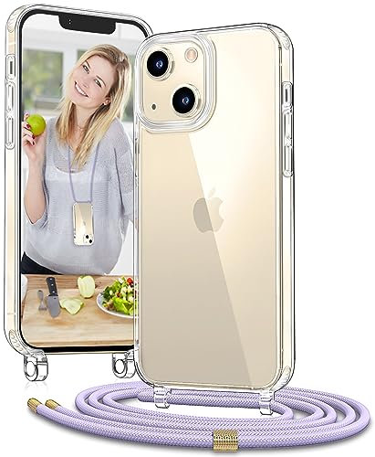 Vaykwo Cover con Cordino per iPhone 13 Mini 5.4'',Custodia con Regolabile Collana per iPhone 13 Mini, Protezione Completa a 360 Gradi Trasparente Case con Laccio Tracolla, Viola