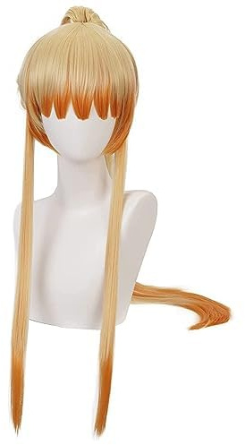 Gelb gemischt Orange lange Perücke mit Ponytail für Frauen Kostüm Haare | Halloween-Konventionen Cos Anime Party Hitzebeständiger Synthetstoff