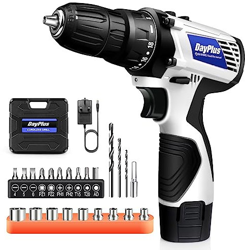 Cordless Drill Driver 12V, Battery Powered Screwdriver with 10mm Keyless Chuck, 2 Speed, Built-in LED Light, Electric Impact Drill for Drilling and Tightening/Loosening Screws, White