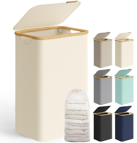 SONGMICS Pfandflaschen Sammelbehälter,Wäschekorb mit Deckel, Wäschesammler 90 L, herausnehmbarer Wäschesack, Griffe aus Bambus, 42 x 32 x 70,5 cm, cremeweiß LCB509W01