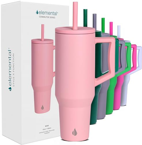 Elemental Commuter - Vaso de 40 onzas con asa y tapa con pajilla, taza de café de viaje resistente a derrames, vaso aislado de acero inoxidable para agua, batidos, batidos y más, rosa