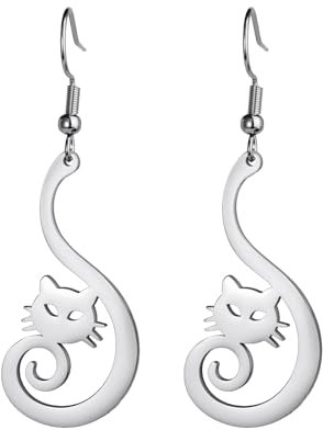 Dreamtimes niedliche Katze Anhänger Ohrringe für Frauen Tierliebhaber niedliche Tier Katze baumeln Ohrringe Cartoon Kätzchen baumeln Tropfen Ohrringe Party Schmuck Geschenke (Silber)