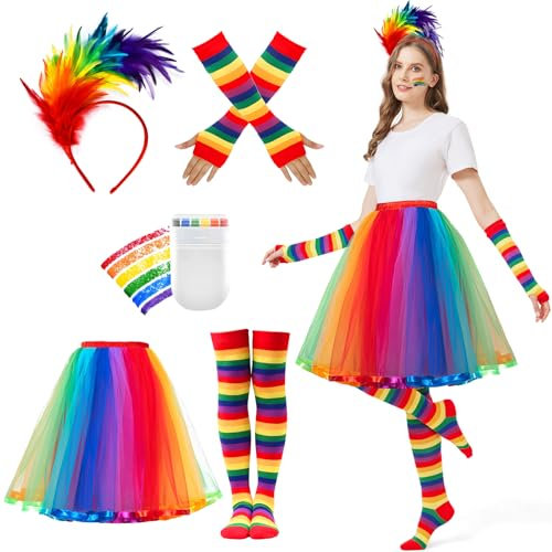 JONRRYIN Tüllrock Damen + Bunt Feder Stirnband, Regenbogen Rock Damen Tüll, 50er-Tutu Unterrock und Bunte Feder Haarreifen, Regenbogen Kostüm für Damen Karnevalspartys und Bühnenauftritte, Mehrfarbig