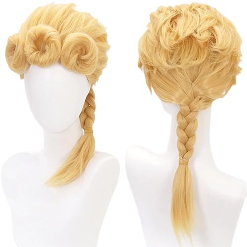 Gold Gelb Curly Long mit Schweinschwanz Flechten Perücke für Erwachsene Frauen Männer Halloween Comic Con Cos Ersatz Perücken Hitzebeständige Kostüm Haare