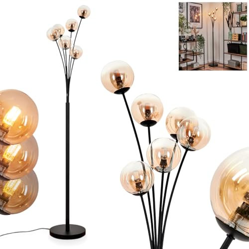 Stehleuchte Bernado, Stehlampe aus Metall/Glas in Schwarz/Bernstein/Klar, Leuchte im modernen Retro/Vintage-Design mit Schirmen aus Glas (Ø 10 cm), dimmbar über Fußschalter, 6 x G9, ohne Leuchtmittel