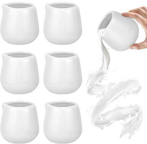 RAINPOP Lot de 6 mini pots à lait en céramique blanche de 110 ml, petits pichets de service en céramique blanche, pichets à mousse de lait avec bec verseur, petit pot à lait en porcelaine