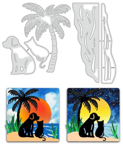 BENECREAT Stanzformen Mit Strandpalme, 2 Stück Schablonen Für Silhouetten von Hunden Und Katzen, Kokosnussbaum Dekorative Prägeschablonen Für Scrapbooking, Fotoalbum, Grußkartenherstellung