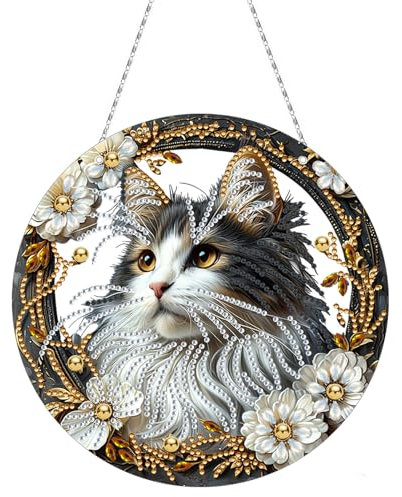 CXINLky DIY Diamond Painting Anhänger mit Kette, Diamant Painting Fensterbilder, 5D Diamond Malerei Türkranz Wandbehang Kits für Fenster Wand Eingang Garten Decor-13-Katze