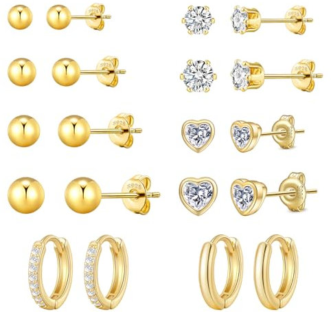 Goldene Ohrstecker für Damen und Herren, hypoallergene Ohrstecker mit Zirkonia, Ohrstecker aus Sterlingsilber, Ohrstecker-Set mit Knorpel-Creolen für empfindliche Ohren, Kugelohrstecker für Mädchen