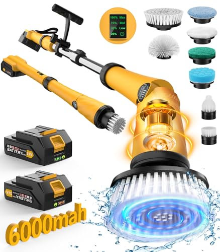 Qimedo Brosse à récurer électrique rotative 1200 tr/min avec deux piles Q3, sans fil, alimentée par piles, brosse à récurer électrique pour carrelage avec écran pour joints/carreaux/baignoire (poignée