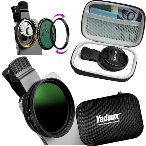 Yadsux Filtro variable ND2-ND400 de 52 mm para smartphone, negro, vidrio óptico multicapa impermeable, adaptador de clip, revestimiento HD en ambos lados, accesorios para lentes de teléfono móvil