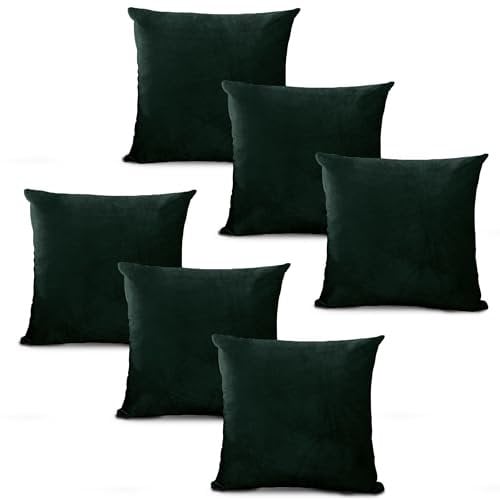 Hafaa Velvet Cushions with Covers Included Sets 12 (6 Dark Green Cushion Covers, 6 Cushion Inserts 45cm x 45cm) Luxury Decorative Fluffy Square Throw Pillow Case Sofa Cushion with Invisible Zipper
