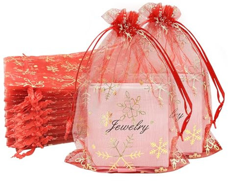 100 Stück Rot Gold Organzasäckchen Weihnachten Geschenkbeutel, 10x15cm Kleine Geschenk Organzabeutel Organza Beutelchen mit Kordelzug Sie als Hochzeit Bonbonsbeutel, Schmuckbeutel, Geburtstag