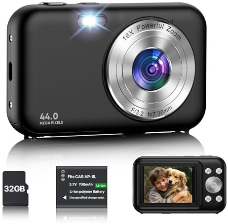 Fotocamera Digitale,1080P 44 MP Macchina Fotografica Compatta con Scheda da 32 GB, 16X Zoom Fotocamera con LCD da 2,4, 1 Batteria, per Bambini Adolescenti, Principianti (Nero)