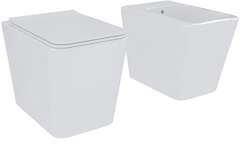 Set Sanitari Filomuro WC e Bidet Quadrati in Ceramica con Copriwater Soft Close e Sgancio Rapido Bianco Lucido Design Moderno (Quadrato)