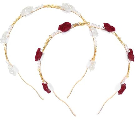 AUTSUPPL 2pcs Rose Headband for Women French Style Metal Pearl Hairband Delicate Rose Design, Suitable for Wedding Party and Daily Wear, White and Wine Red