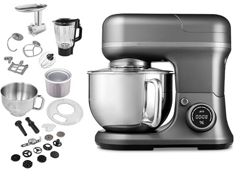 MEDION Küchenmaschine (Mixer, Fleischwolf, Eisschüssel für Zubereitung von Eis, 4 in 1, 1.200 Watt, Reiben Raspeln Schneiden, Digitales Touch Display, Knetmaschine, Teigmaschine, MD18430) Titan