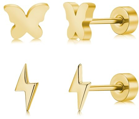 FACOKO 2 Pairs Gold Earrings for Women Hypoallergenic Flat Back Earring Titanium Butterfly Studs Nickel Free Screw Back Lightning Bolt Earring 14K Gold Plated Earrings Stud for Men (Gold-5MM)