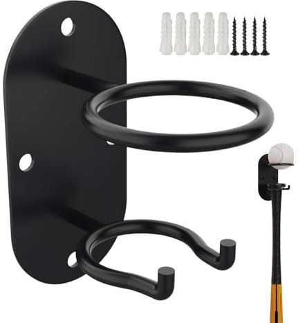 Baseball Display Wall Mount, Heavy Duty 2-in-1 Metal Baseball Holder for Wall, Baseball Bat-Display Case and Ring Holder for Baseball, Hockey Sticks, and Softball Storage, Wall Bracket for Sports