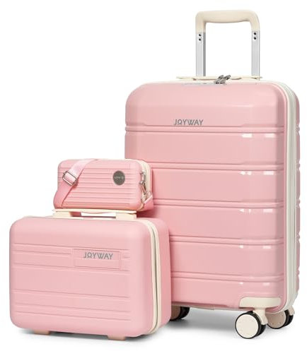 Joyway Kofferset 3 Teilig Hartschale mit 4 Rollen und TSA-Schloss Der Gepäcksets Enthält 1 Kosmetikkoffer und 1 Tragbare Tasche Rosa/Weiß
