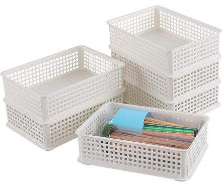 Bblina 6 Packs Plastic Stackable Basket, Small Storage Basket Trays, White