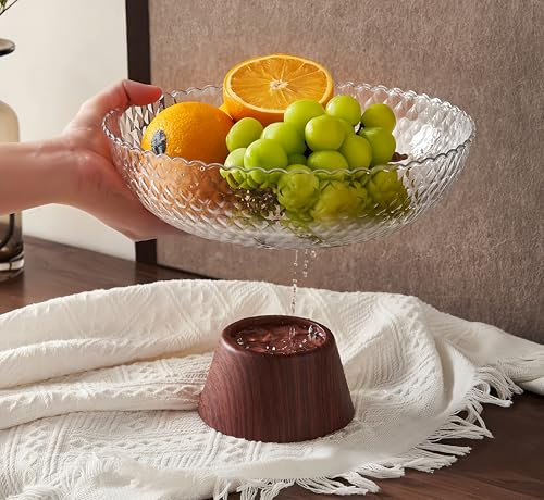 Uwenkjie Fruit Bowl, Imitation Wood Grain Decorative Base Bowl, Fruit Tray with high Base Bracket, Suitable for Kitchen Bread, Snacks, fruitsetc. Transparent
