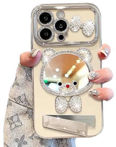 CYTCreation Cartoon-Schutzhülle für iPhone 12, mit stoßfestem Spiegel, Kawaii-Bär, Tierfigur, Handyhalterung, 3D-Schutzhülle für Kinder, Mädchen und Damen