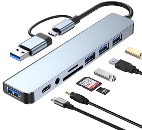 GERUI USB C Hub 3.0, 3.0 Multiport Adapter mit SD&TF Kartenleser, USB 3.0&2.0 Ports, 3.5mm Audio Anschlüsse USB Typ C Hub mit MacBook Pro/Air/XPS/Tablet/Smartphones und mehr