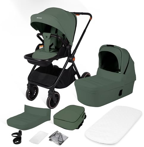 BabyVoyage Kombikinderwagen 2-in-1 ohne Babyschale – Babywanne & Sportsitz, Räder 360° Stoßdämpfer, Federung, höhenverstellbarer Griff, Faltbar, Zubehö-Grün