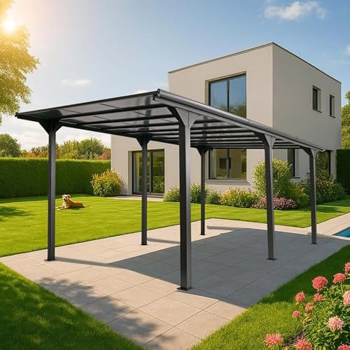 Alu-Pergola HWC-O23, Pavillon Terrassenüberdachung, stabiles 10cm-Gestell Polycarbonat-Dach Regenrinne 3x6m - anthrazit