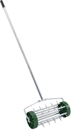 Rolling Lawn Aerator Roller with Steel Spikes, Heavy Duty Garden Soil Aerator, Manual Push Aeration Tool with 3 Piece Handle, 41x15x145cm - Green