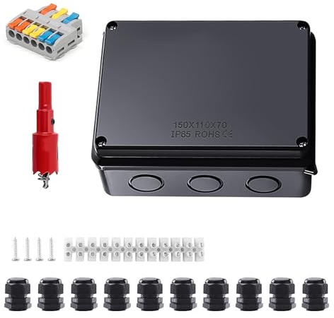 HASLED Abzweigdose Aufputz IP65 Schwarz (150x110x70 mm) – Wasserdichte Verteilerdose mit 12-Pol-Klemme & M20-Anschlüssen – für Garage, Keller, Garten