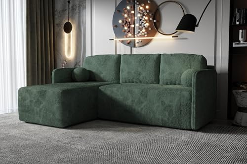 AlpiMeble L-förmiges Sofa Gloom - Modern Couch mit Stauraum - Ecksofa mit schlaffunktion - Eleganter Abriamo-Stoff - Grün - 212x142x92 cm