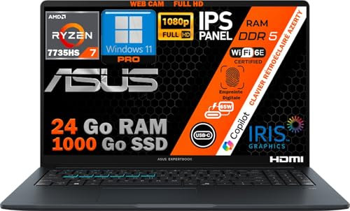 ASUS PC Portable Ryzen 7 7735HS, RAM 24Go DDR5, SSD 1To PCIe, Écran 15.6 FHD IPS, WiFi 6E, Webcam 1080p, Port Ethernet RJ45, Copilot IA, Clavier AZERTY Rétroéclairé, Empreinte Digitale, Win 11 Pro