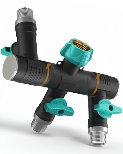 rainfactory Divisor de Agua 3 vías Vertical 3/4 con Conexiones 360° y válvulas Independientes – Grifo Triple jardín para Manguera, Distribuidor Compacto para riego en terraza y balcón