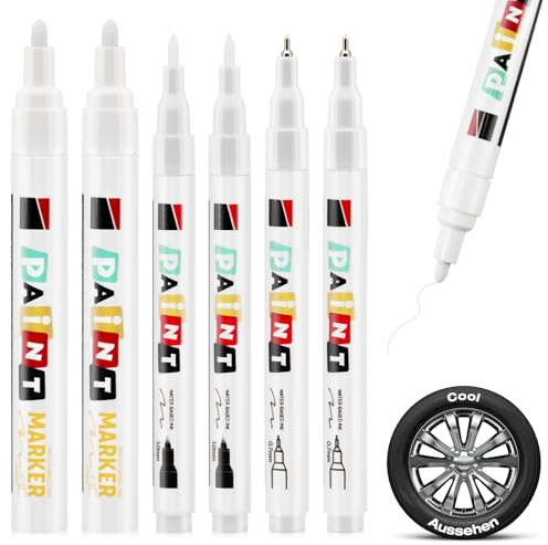 ZYNERY 6 Stück Reifenstift Weis Wasserfest, 0.7mm & 1mm & 3mm Lackstift Weiß Reifen Hohe Kapazität Reifen Stift Weiß Wasserfest Autoreifen Stift für Autoreifen Motorradreifen Glas Metall Gummi
