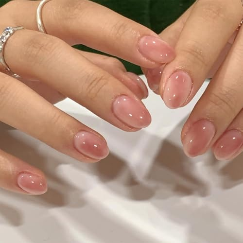 Nymora Press On Nails Kurz - 24 Stück Hellrosa Mandel Nägel zum Aufkleben, Natürlicher Verlauf, Kurze Acrylnägel für Frauen mit Nageldatei und Kleber